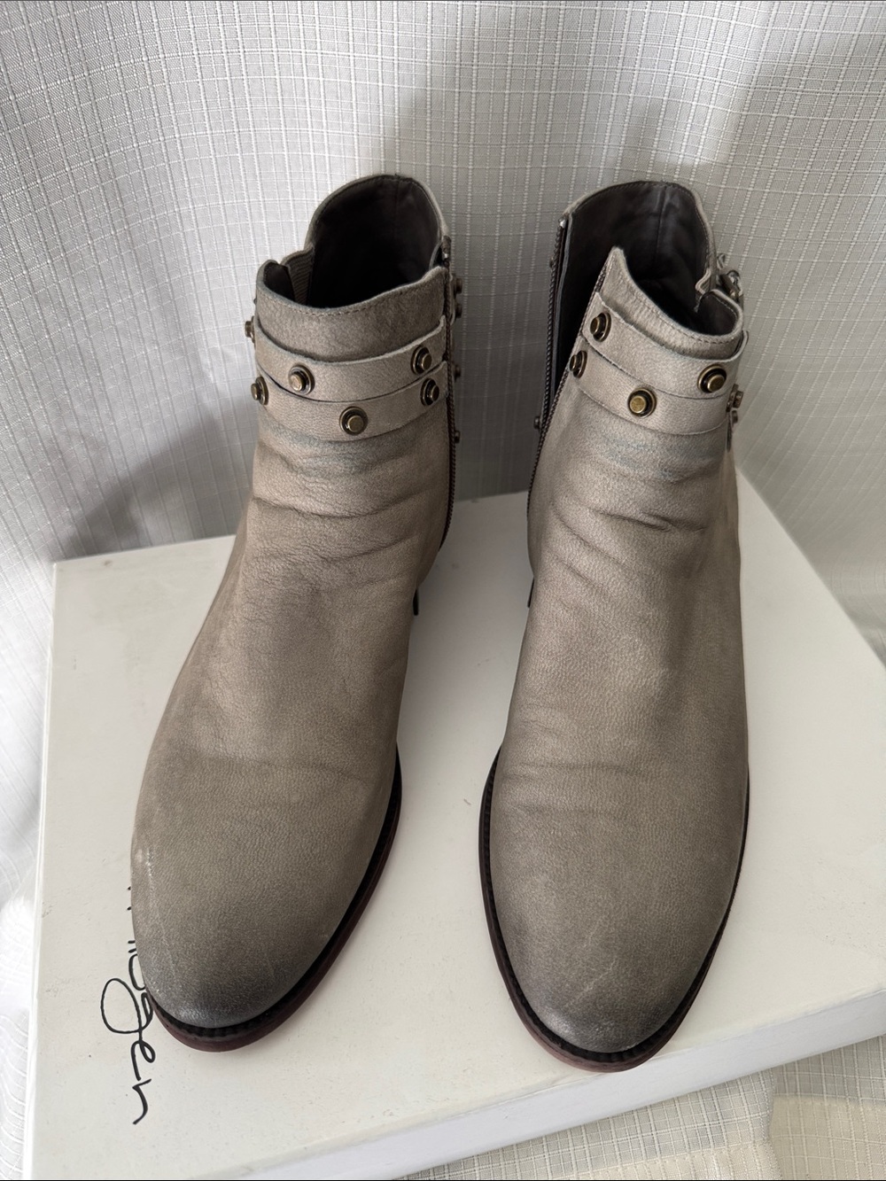 Halogen Women’s Ankle Boots in Light Grey with Studded Straps
